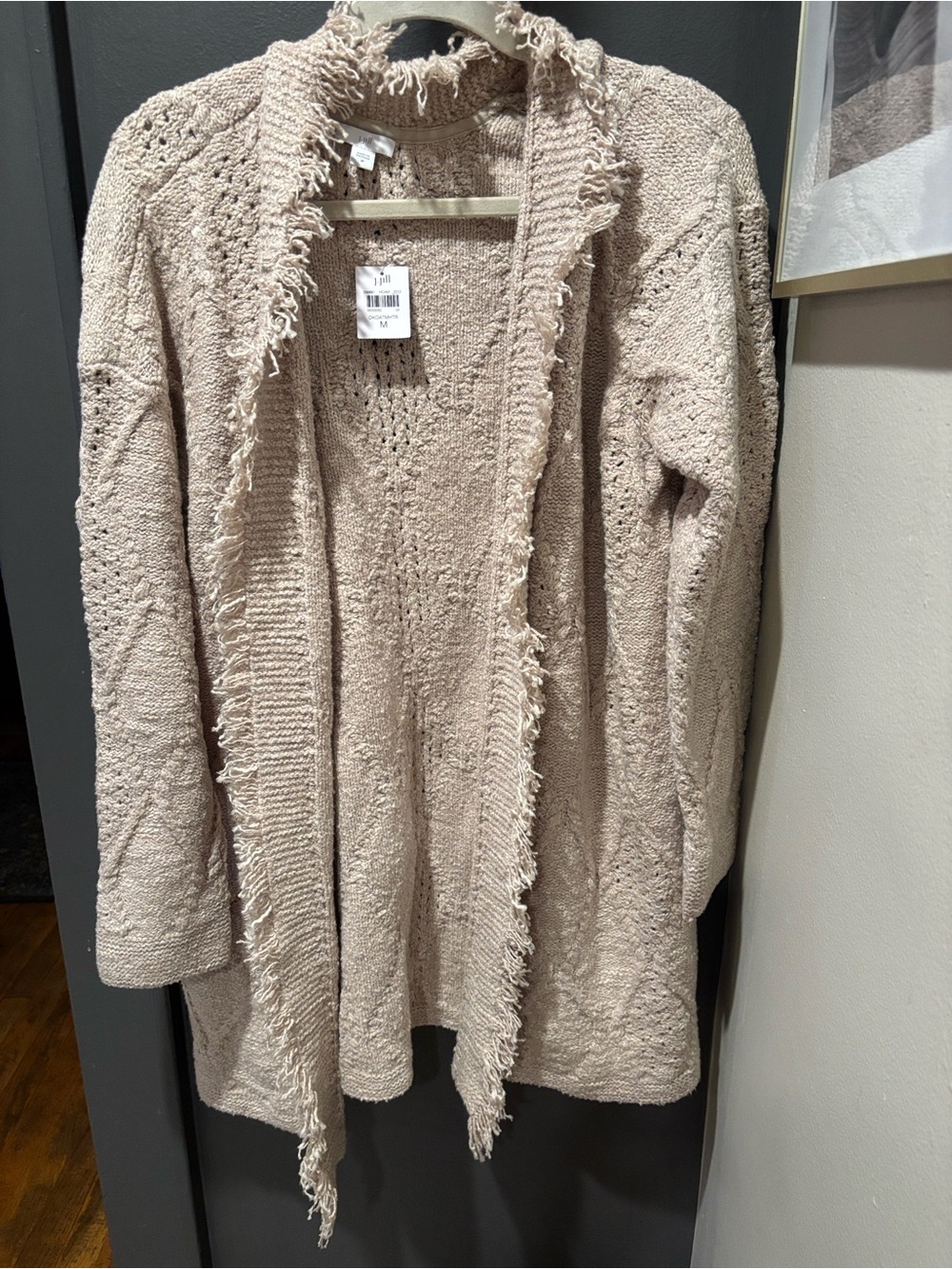 J. Jill Cream Open-Front Fringe Trim Knit Cardigan